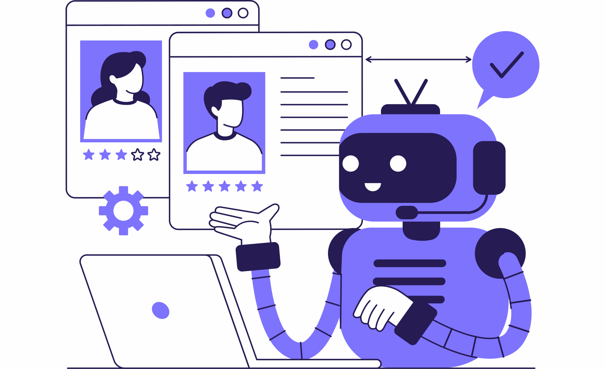 Illustration of an AI robot analyzing candidate profiles on a computer to improve recruitment decisions.