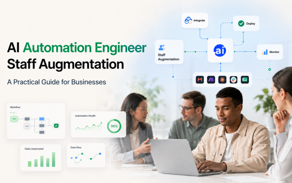 AI automation engineer staff augmentation process from onboarding through workflow development, monitoring, improvement, and scaling.