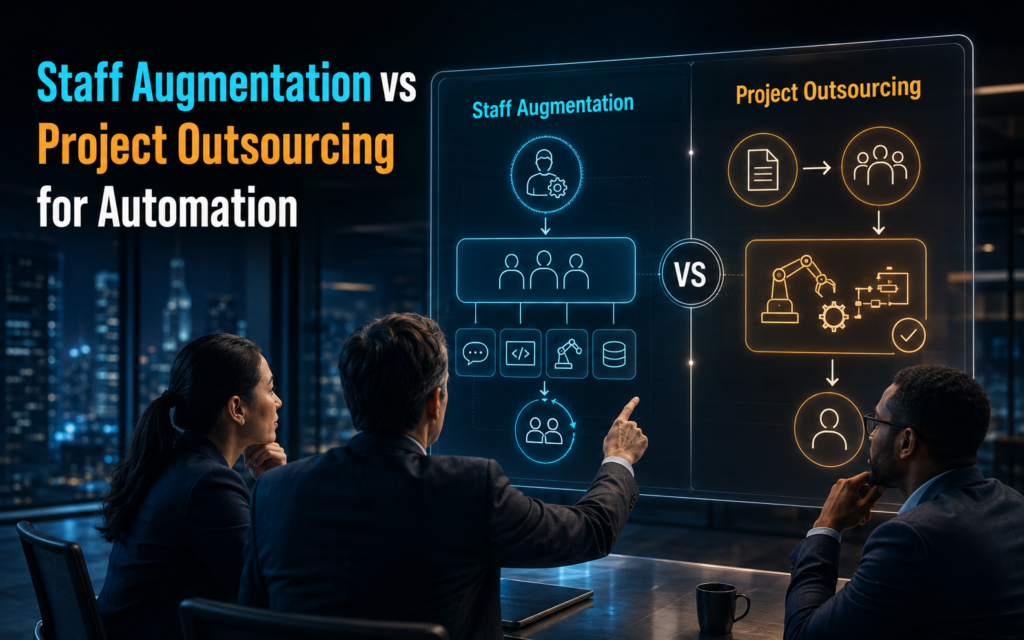 Business leaders comparing staff augmentation and project outsourcing for an automation project.